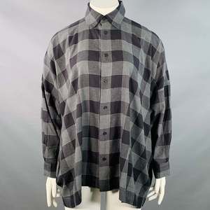 ESKANDAR Black Charcoal Cotton Oversized Checkered Point Collar Shirt